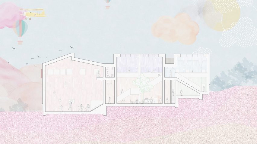 A visualisation of a building in tones of white, purple, blue and white, atop a pink ground and a blue sky above with orange, yellow and pink tones within it.