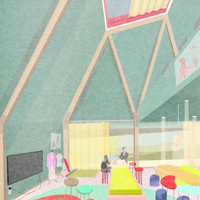 A visualisation of an interior space in tones of green, red, yellow, blue and pink, with tables, chairs and figures around the space.