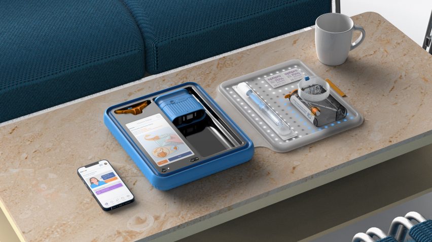 A visualisation of varying electronic devices in tones of blue and grey on a brown surface.