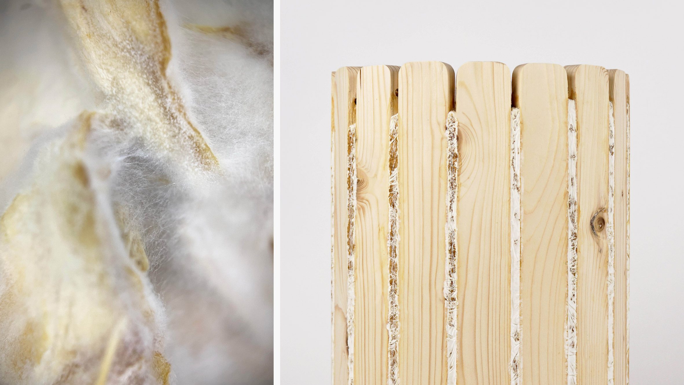 Two photographs adjacent to one another; the left showing a close up photograph of fabric fibres in tones of grey, white and beige, the right showing a photograph of a wooden cylindrical structure against a white backdrop.