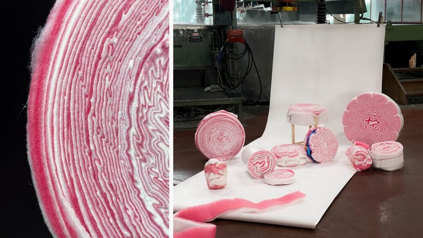 Two photographs adjacent to one another; the left showing a close up of a pink and white fleece fabric against a black backdrop, the right showing a collection of furniture objects wrapped in the same pink and white fleecing.