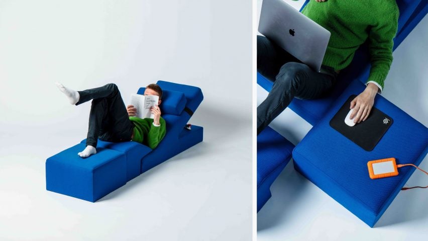 Two photographs adjacent to one another; the left showing a person reclining on a blue lounging chair, reading a book, the right showing a person from above on a blue chair using a laptop.
