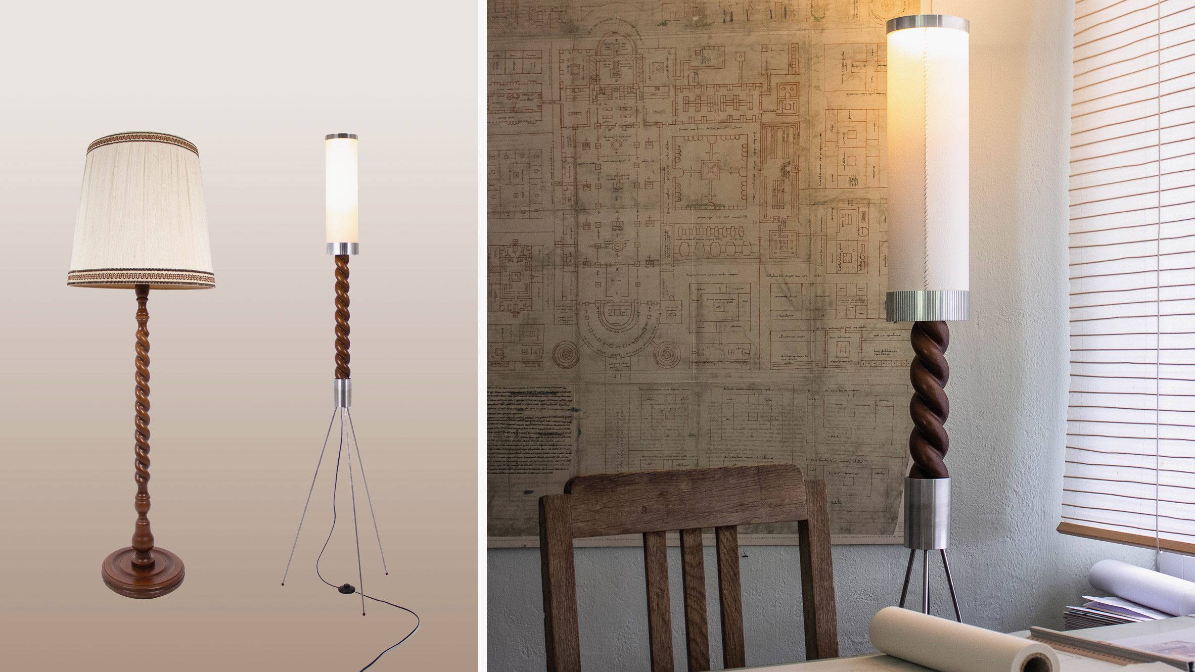 Two photographs adjacent to one another; the left showing two lamps side by side, in brown and beige tones, against a beige backdrop, the right showing one of the lamps illuminated in a room of brown tones.