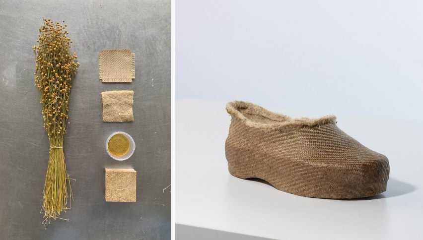 Two photographs next to one another; the left showing a bunch of flowers in green and yellow tones with a collection of beige materials next to them, the right showing a textured shoe in brown tones against a white backdrop.