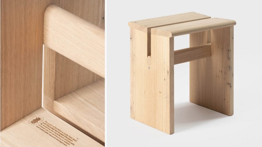 Two photographs adjacent to one another; the left showing a close of shot of details of a beige wooden stool, the right showing a rectangular beige wooden stool against a white backdrop.