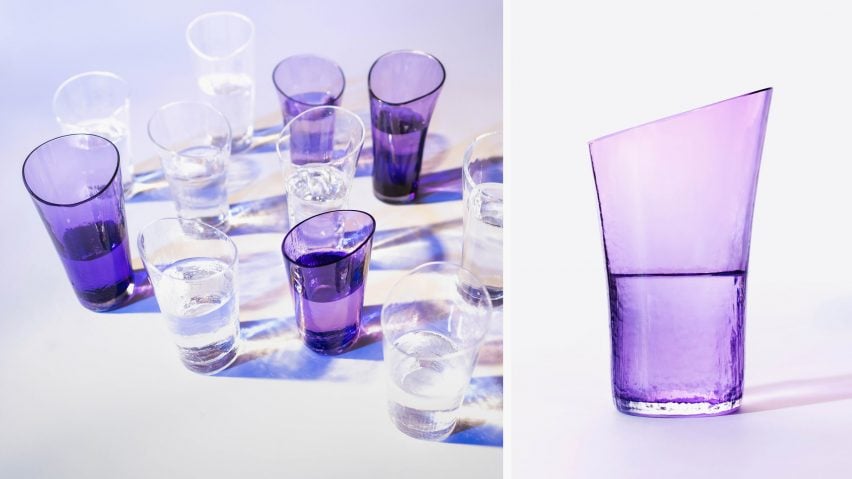 Two photographs adjacent to one another; the left showing a collection of purple and clear drinking glasses with water in them, the right showing a purple glass with water in it against a white backdrop.