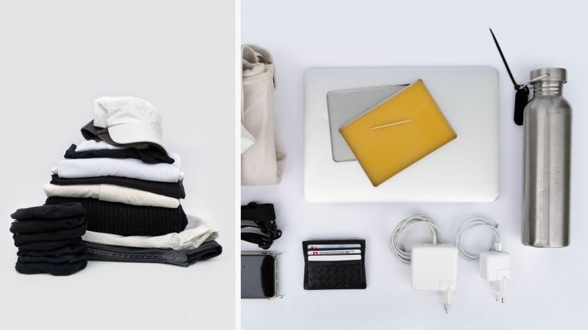 Two photographs adjacent to one another; the left showing a pile of black and white clothing against a white backdrop, the right showing a silver water bottle, a laptop, two laptop chargers and a wallet against a white backdrop.