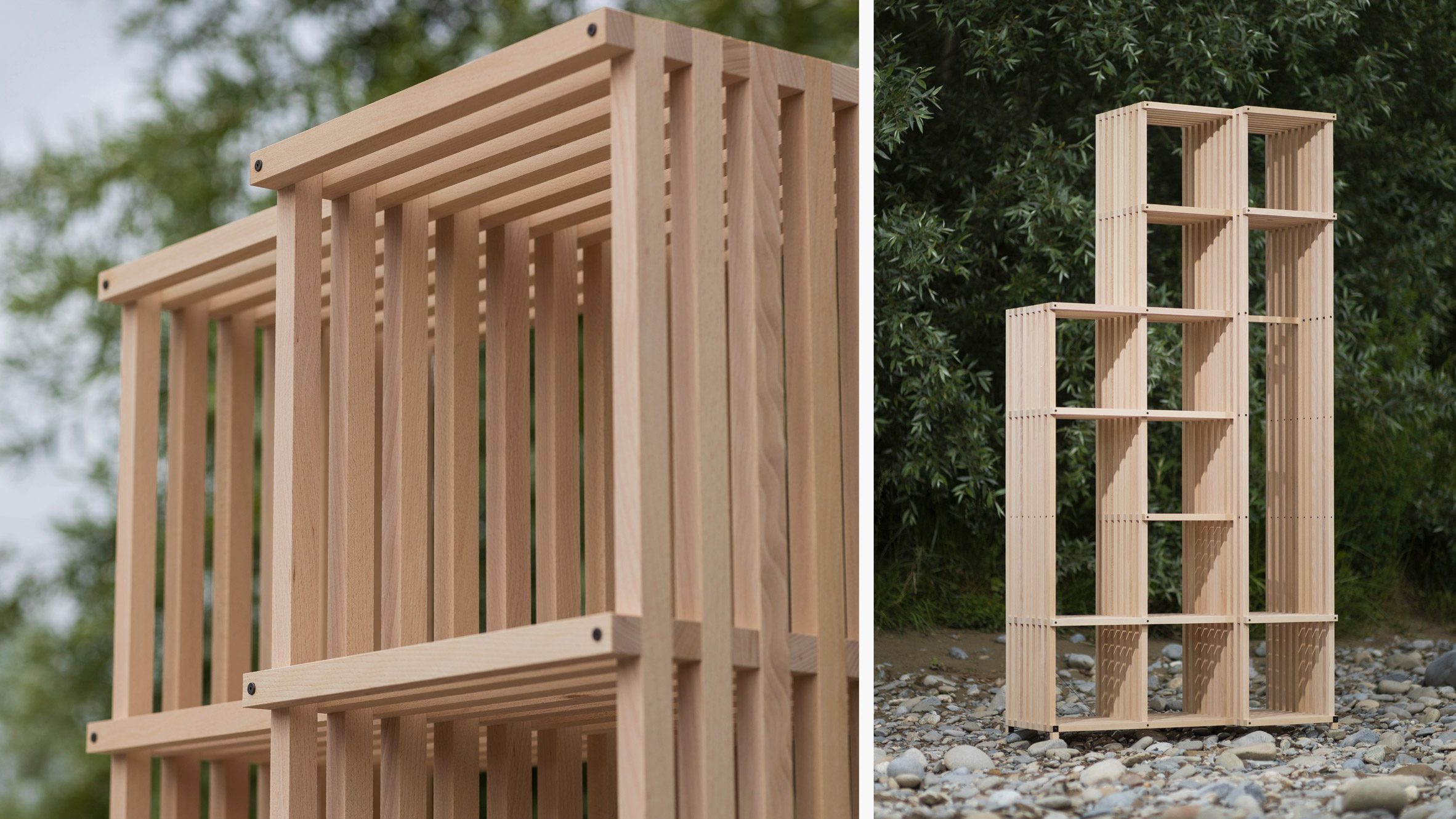 Two photographs adjacent to one another; the left showing a close up photograph of a square wooden structure, the right showing the wooden structure in full in front of green bushes.