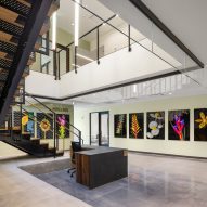 Lobby with metal staircase