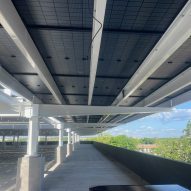 A roof with solar panels on top