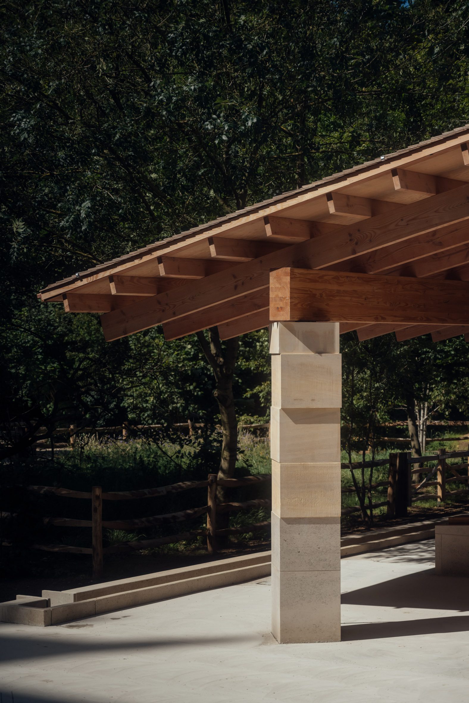 Wooden column supporting timber roof