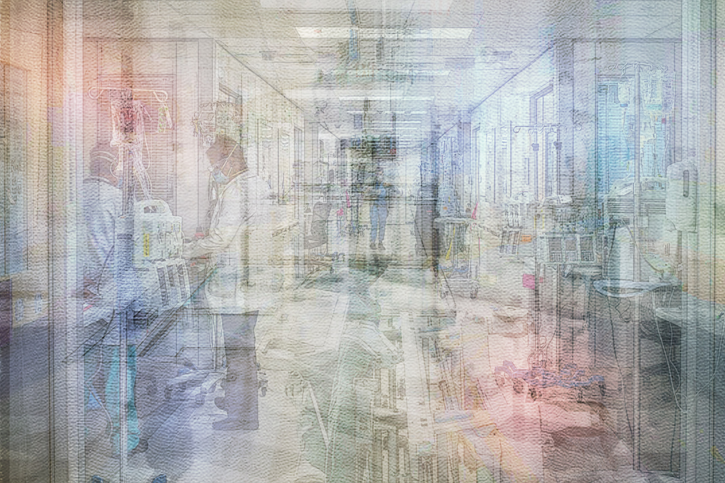 A visualisation in tones of blue, green, red and yellow of a hospital environment