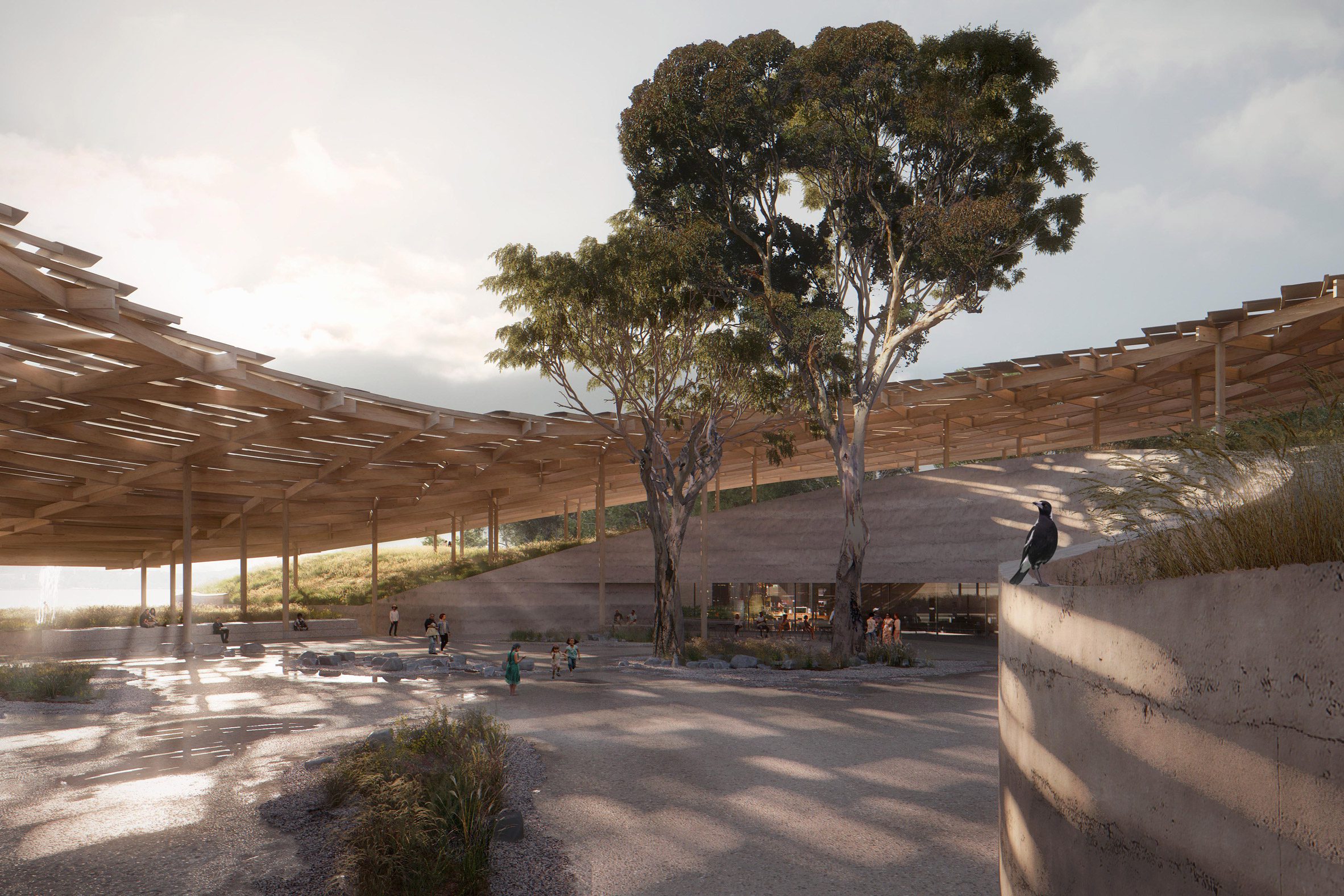 Render of external courtyard with wooden canopy at cultural centre by Djinjama