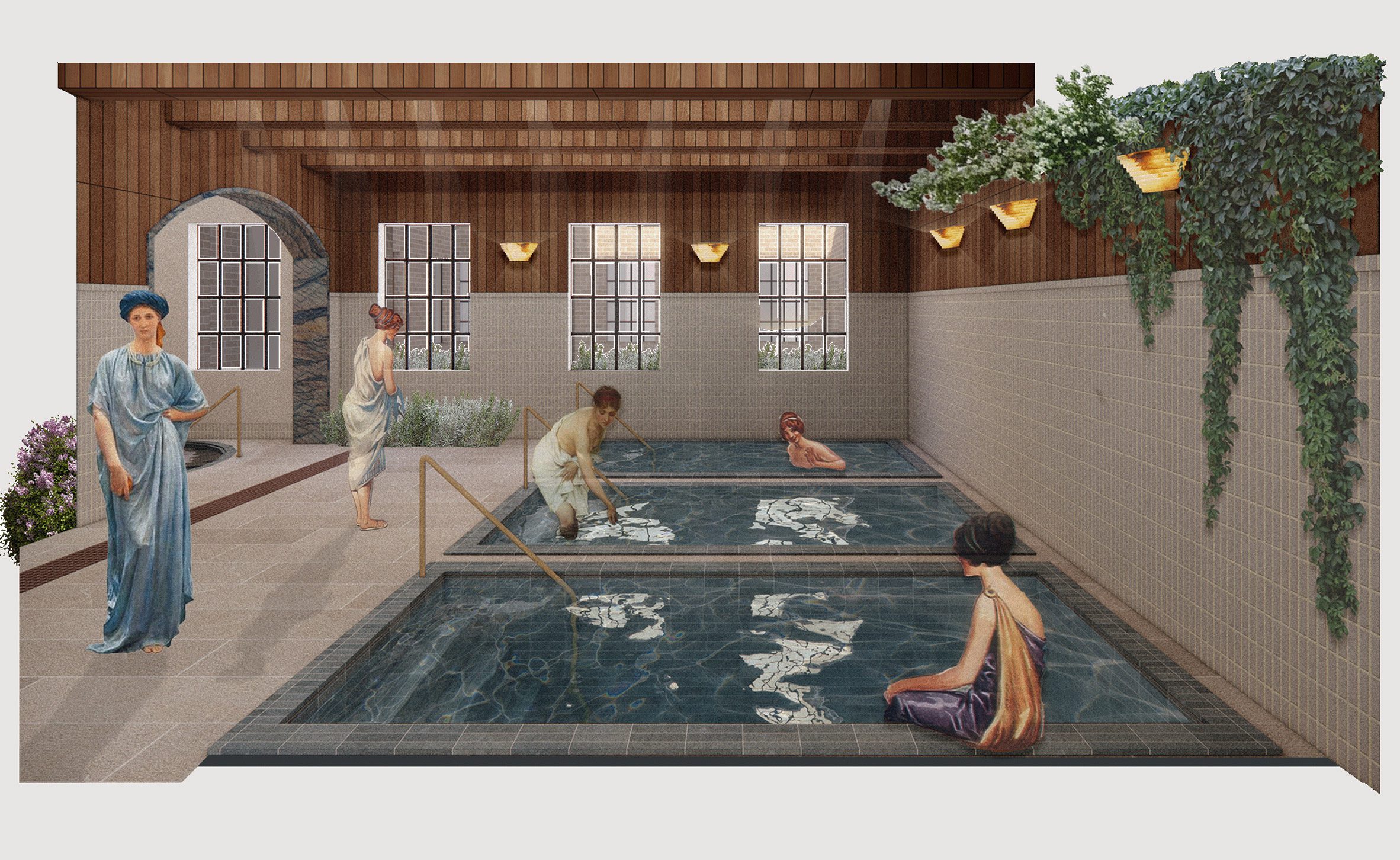 Visualisation showing a group of women using a bathhouse