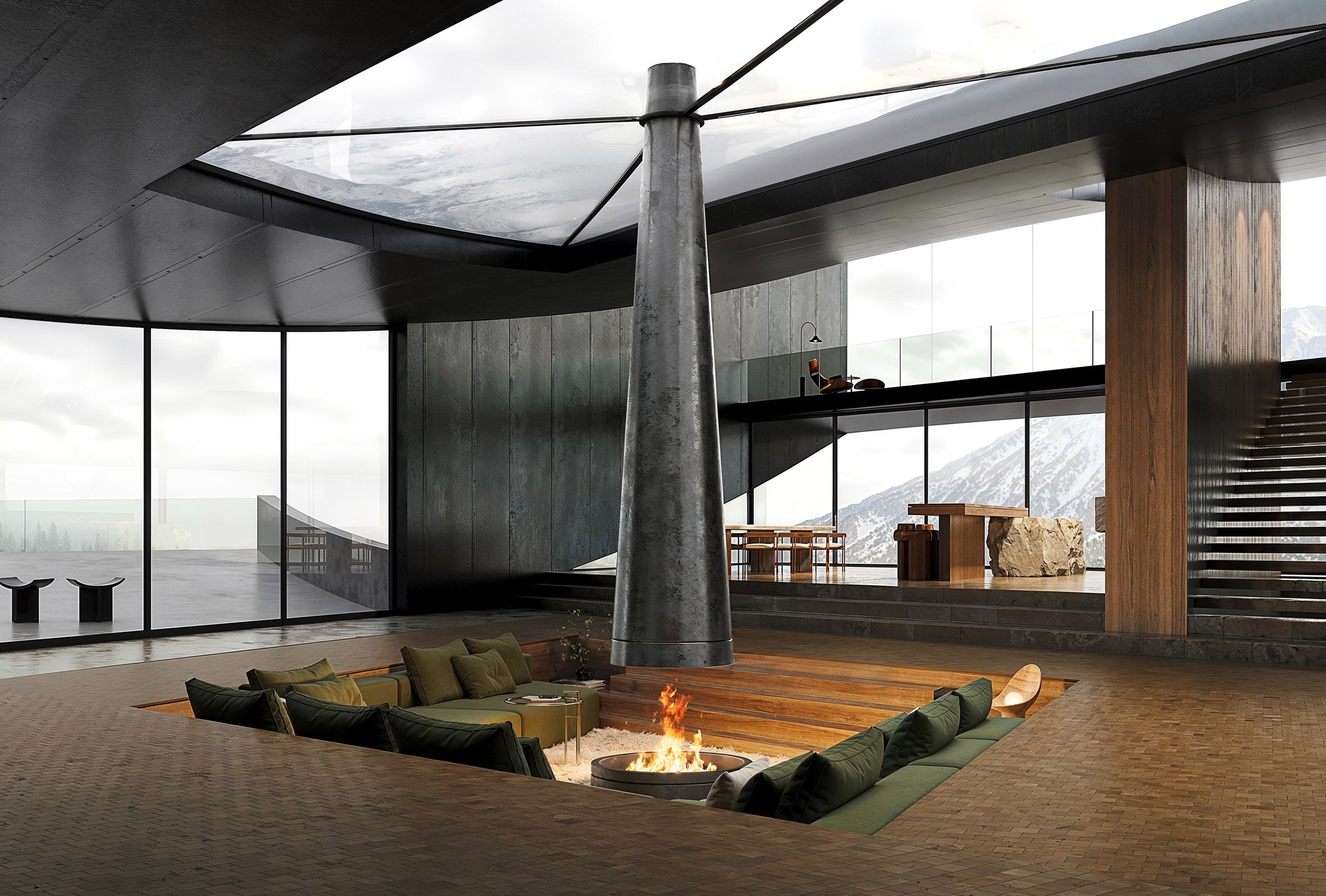 Render of sunken lounge with suspended stove