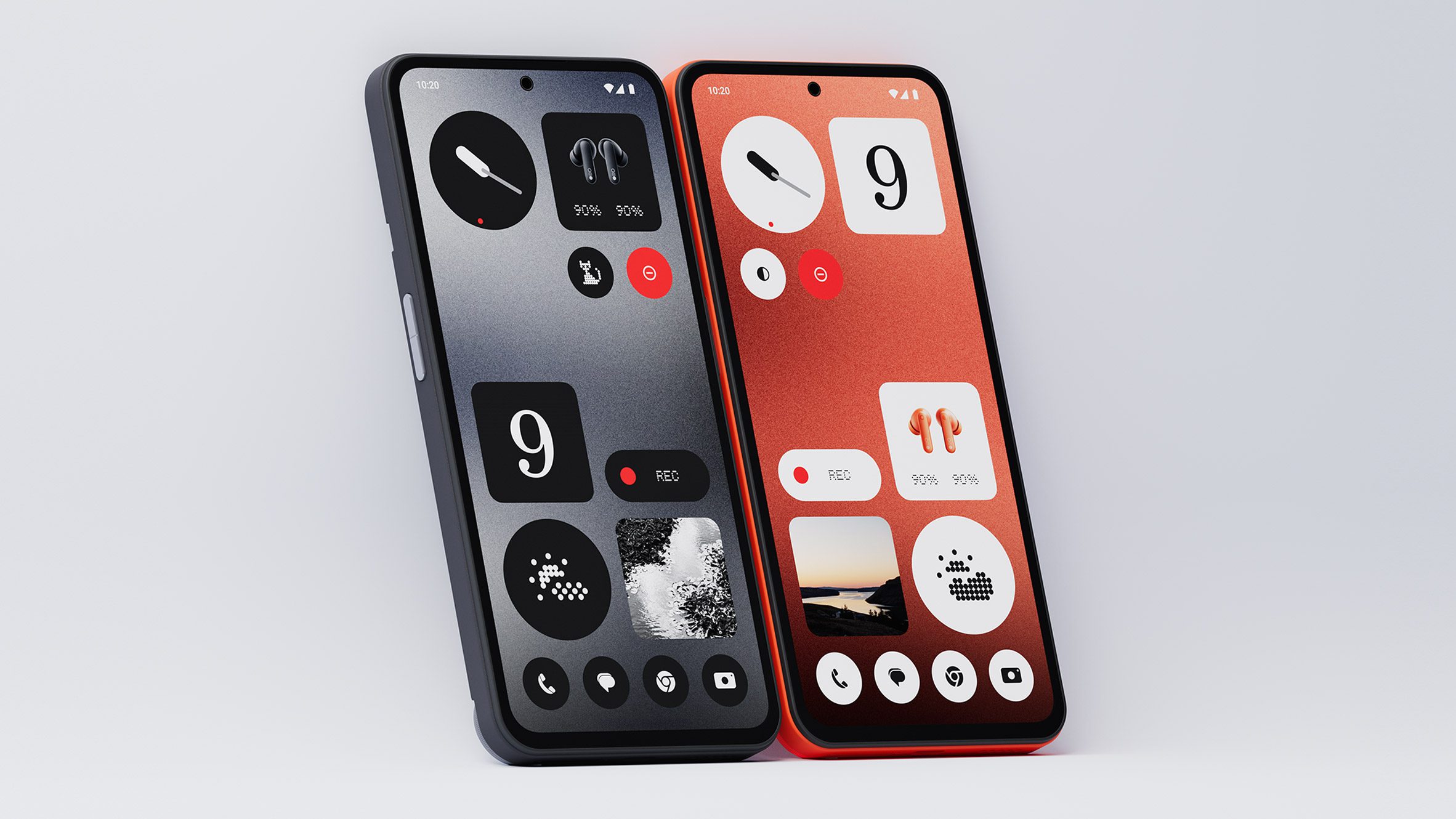 Image of two Nothing CMF Phone 1s, one black one orange, side by side showing their monochromatic operating systems with various widgets on the display