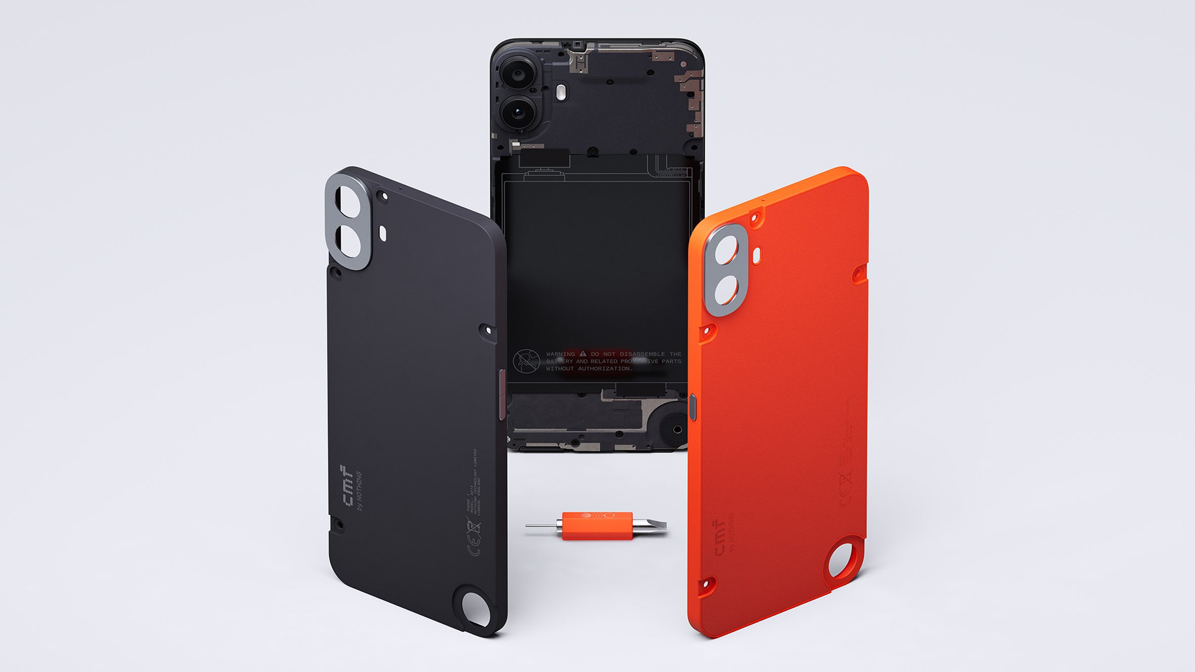 Image of the CMF Phone 1 smartphone with the back cover screwed off to reveal the internals and two case cover options in black and orange sitting in front of it