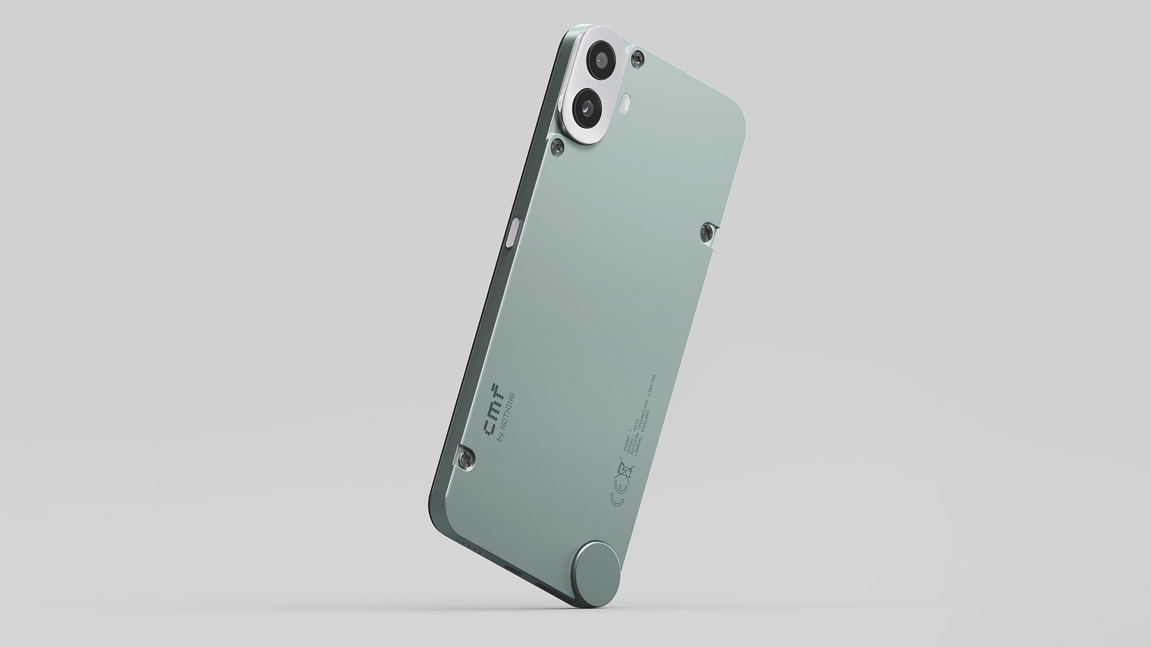 Image of the back of the CMF Phone 1 in light green showing back cover with visible small screws and a small circular port cover on the bottom right-hand corner