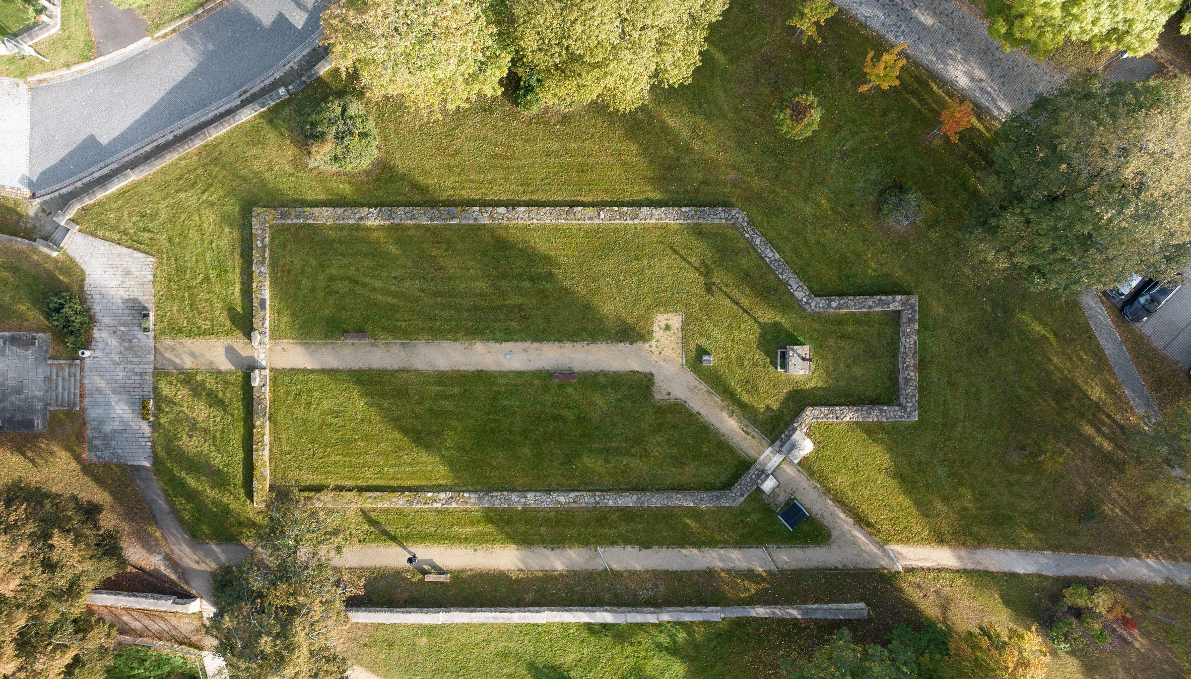 Aerial view of chapel ruins in The Park of Memories by SOA Architekti