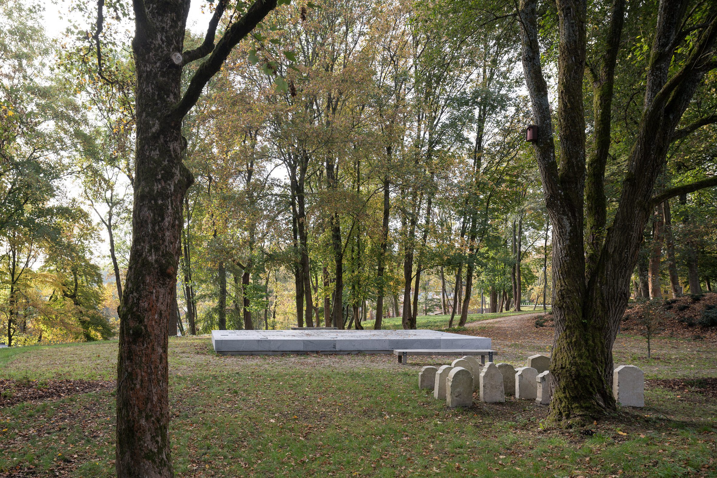 Park with granite sculpture