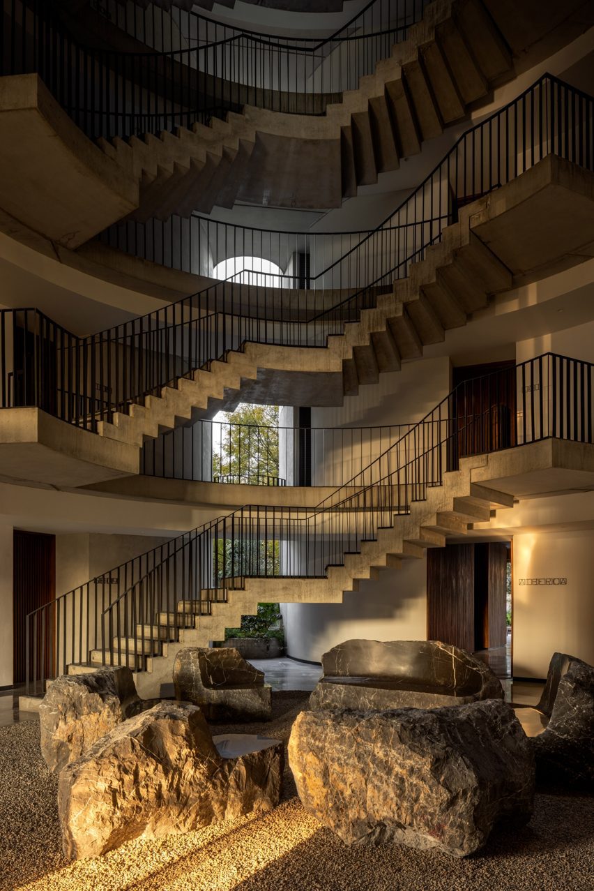 Staircases in front of boulders