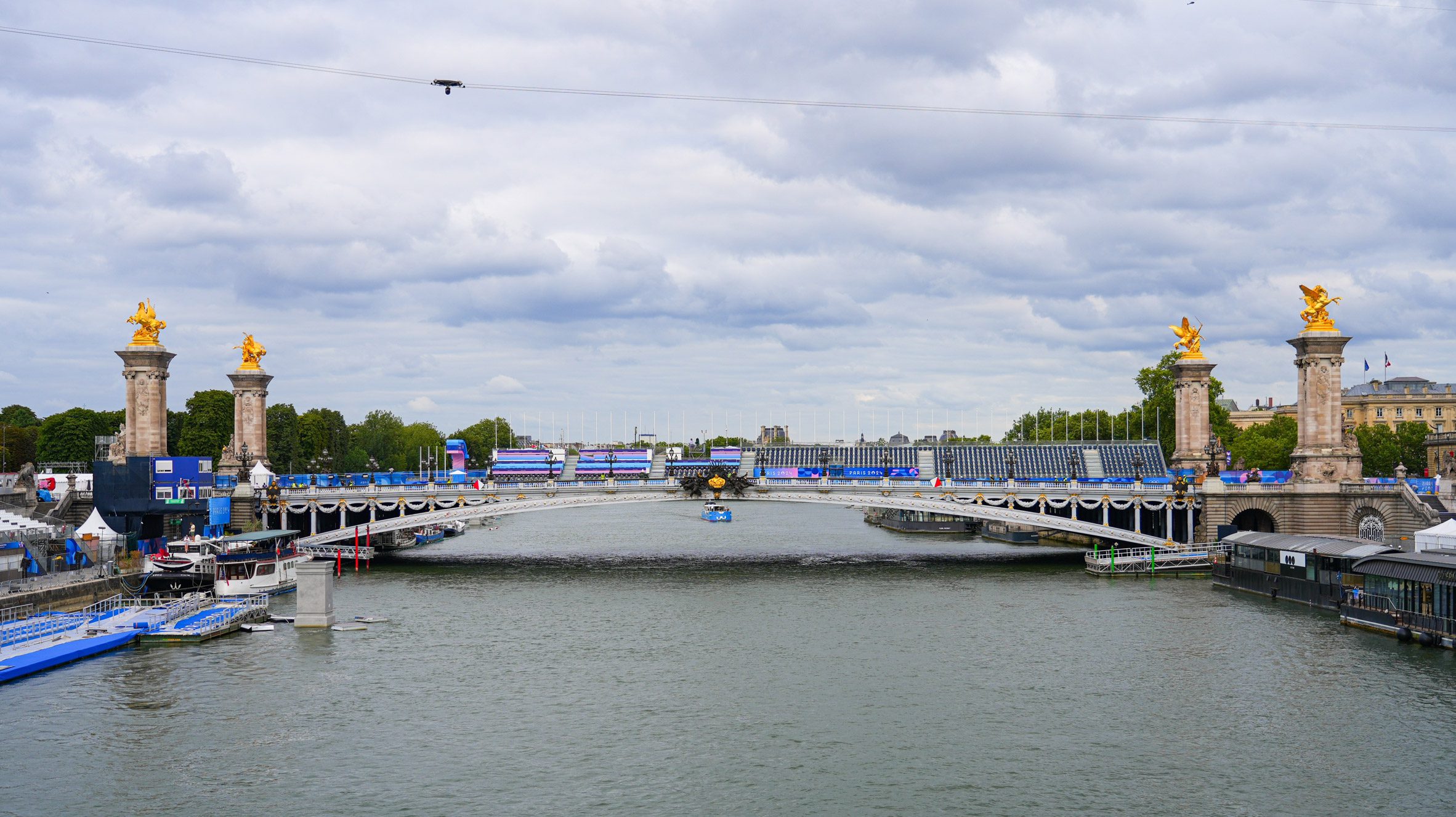 The River Seine in Paris, with temporary seating at Alexandre Pont III