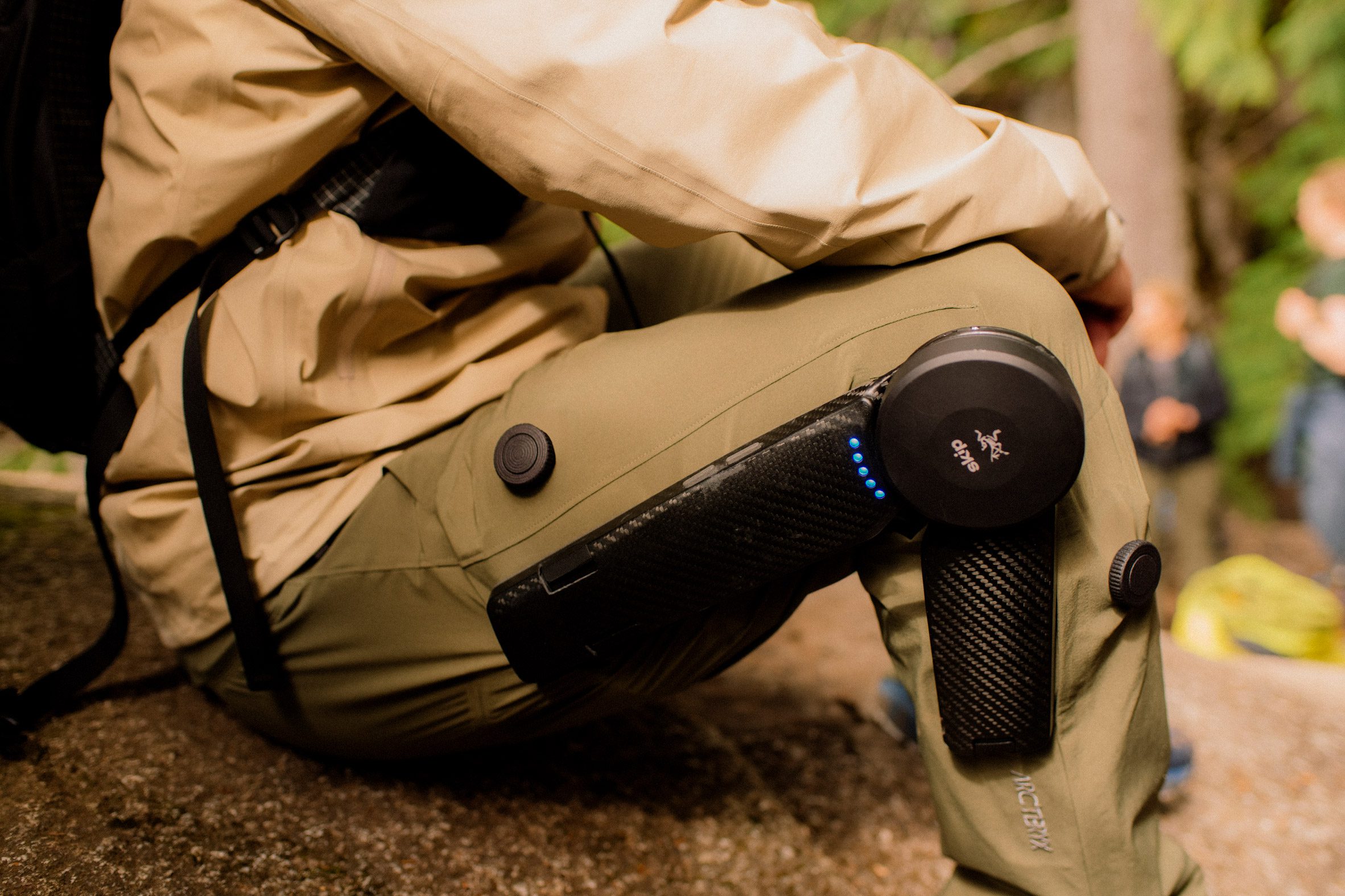 Side view of Skip exoskeleton on Arc'teryx hiking trousers