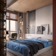 Platform bed and concrete ceiling in bedroom Ukraine