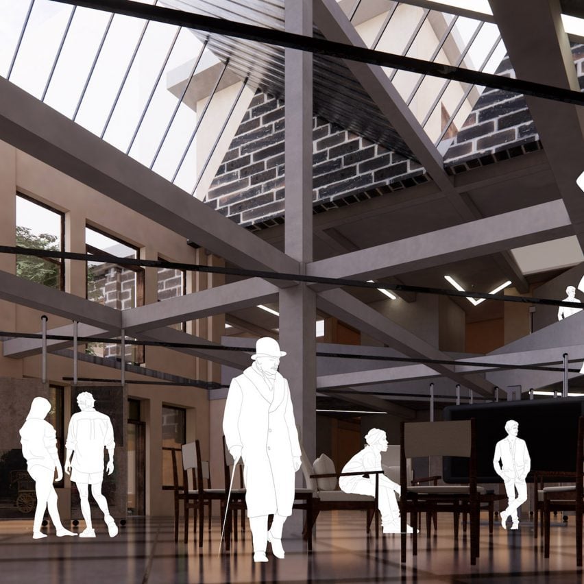 Visualisation of a museum space in tones of brown and grey with white figures in the space