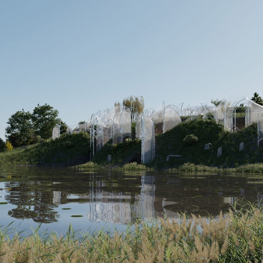 A photograph of a pondside landscape with white translucent structures in it, and a blue sky above.