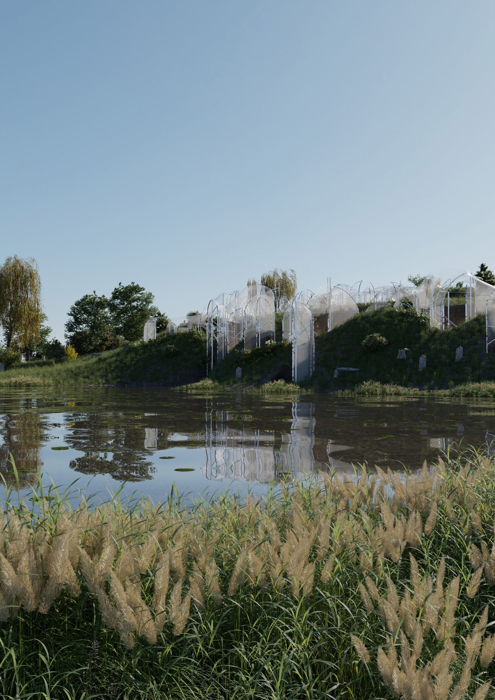 A photograph of a pondside landscape with white translucent structures in it, and a blue sky above.