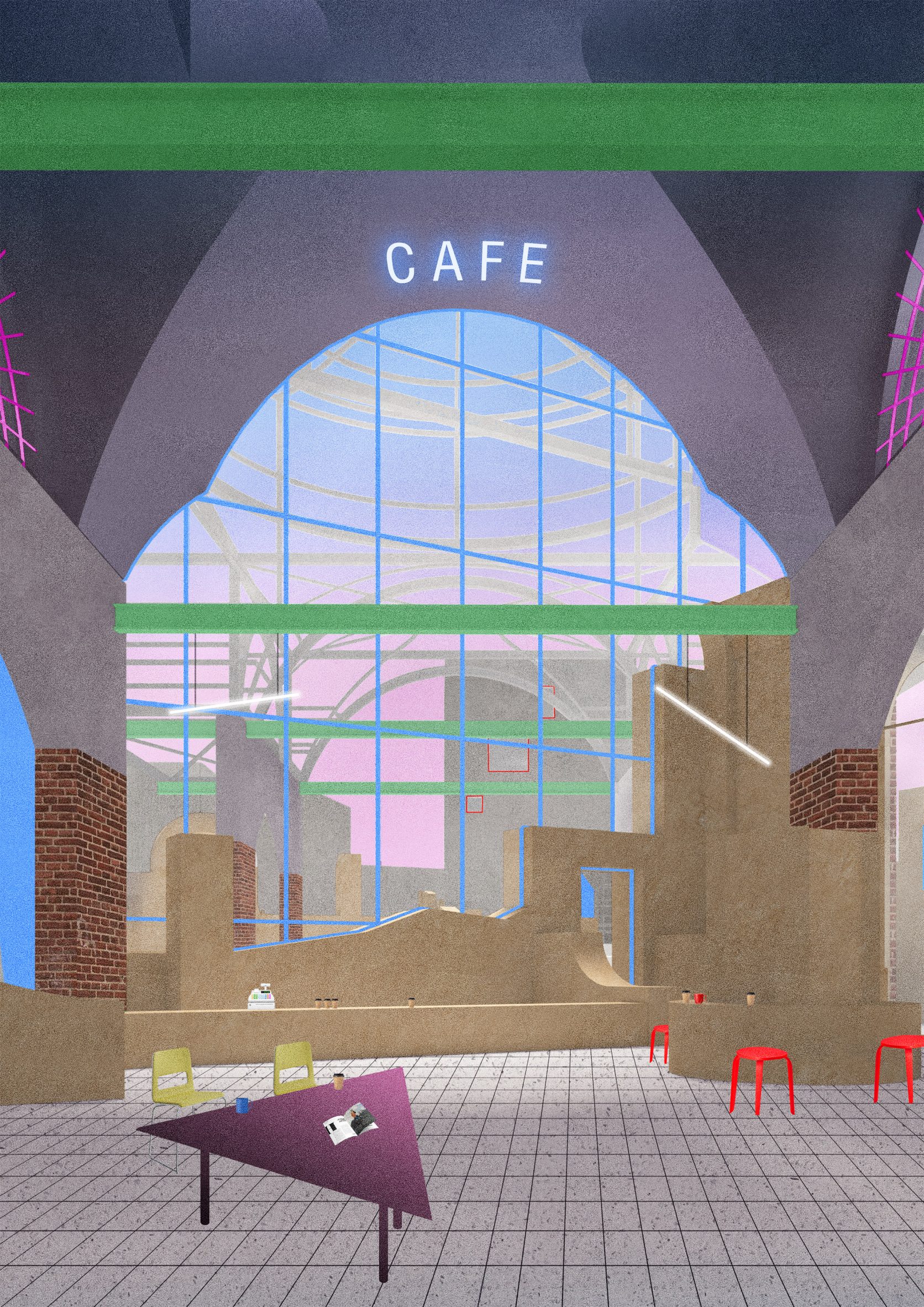 A visualisation of an interior space in tones of grey, purple, green, blue, brown and red, with the word 'cafe' written in light blue text within it.