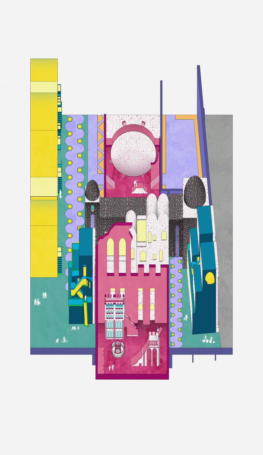 A floorplan in tones of yellow, green, grey, pink and orange, against a white background.