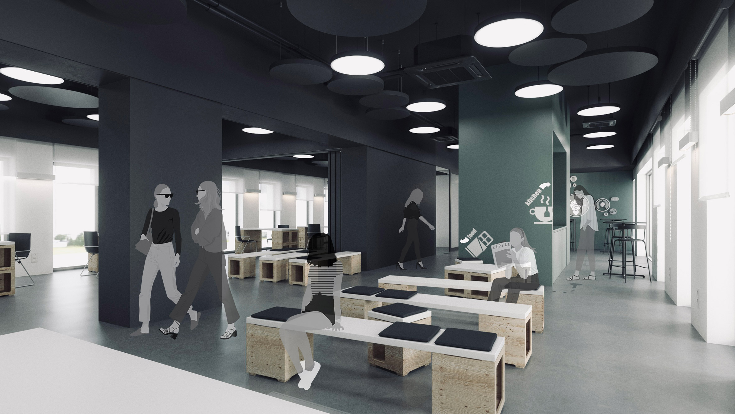 Visualisation of an interior space with benches and people throughout, in tones of blue, white and green.