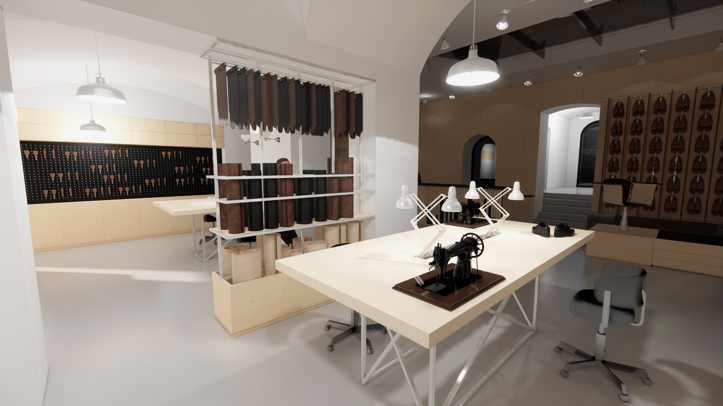 Visualisation of a shoemaking workshop in tones of white and brown.