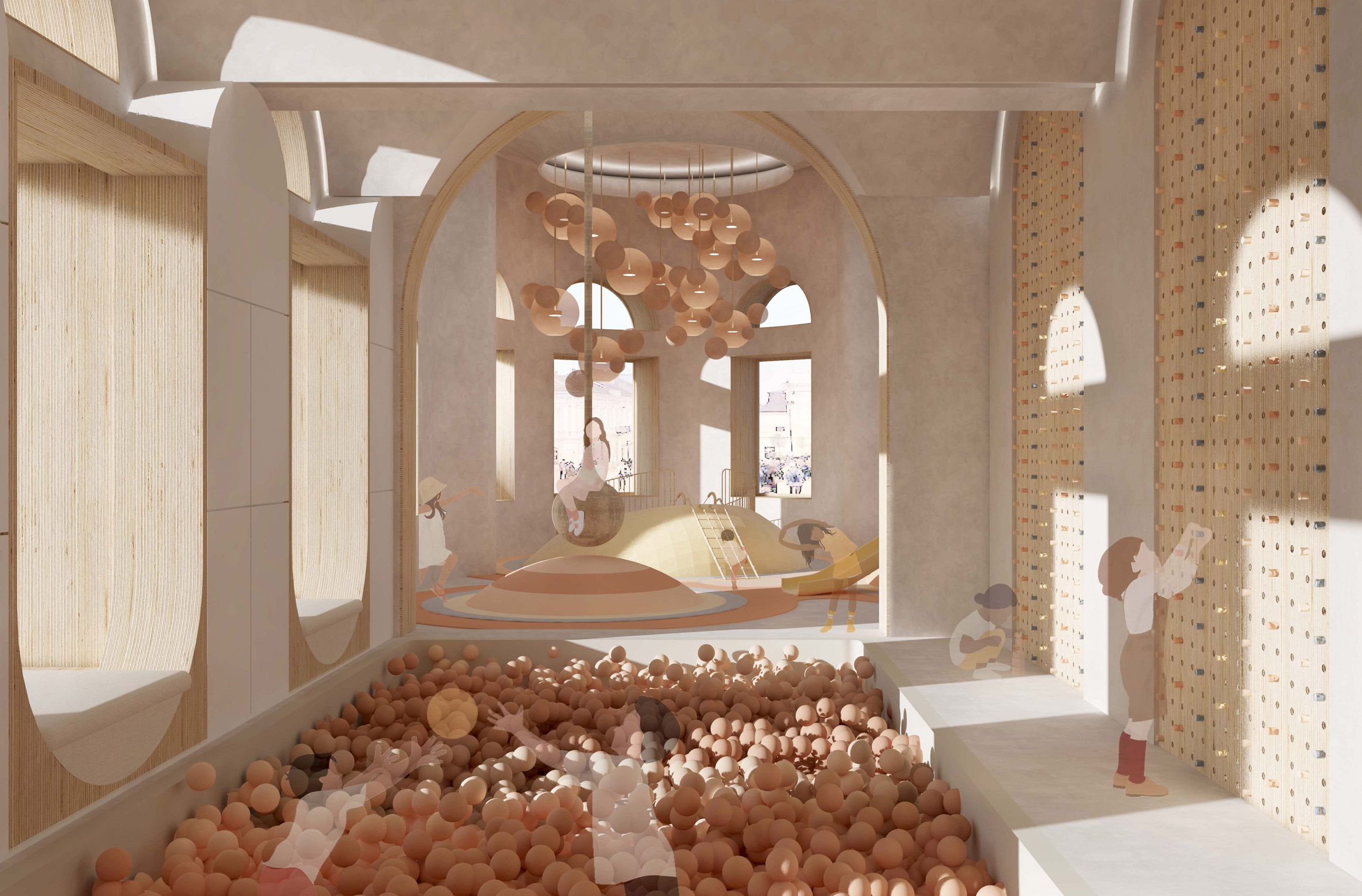 A visualisation of a children's space with a ballpit in tones of brown and orange.