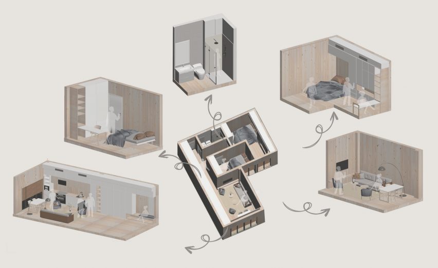 A visualisation in tones of brown and grey of various interiors of a housing complex.