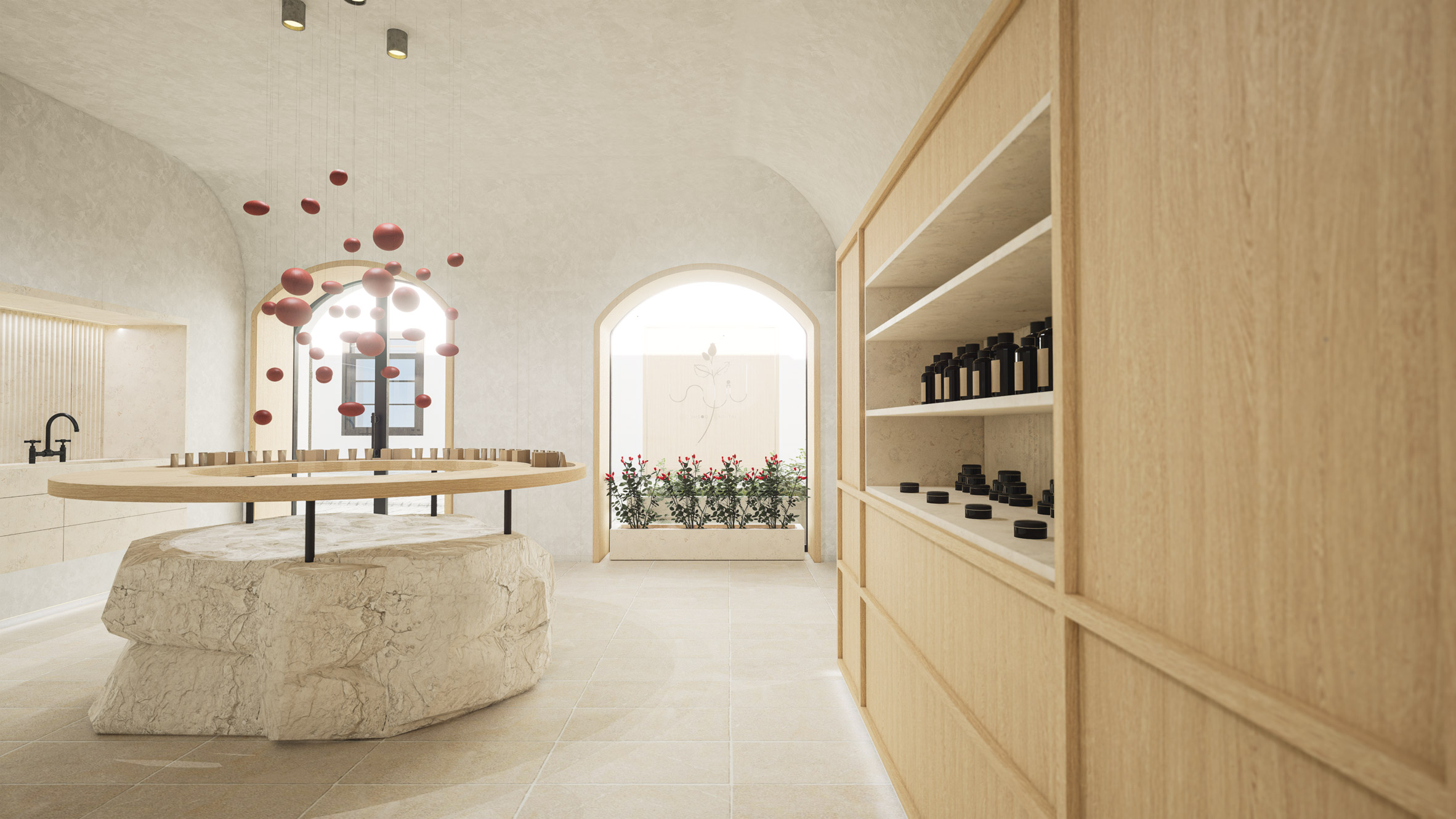 Visualisation of a natural cosmetics store in tones of white and brown.