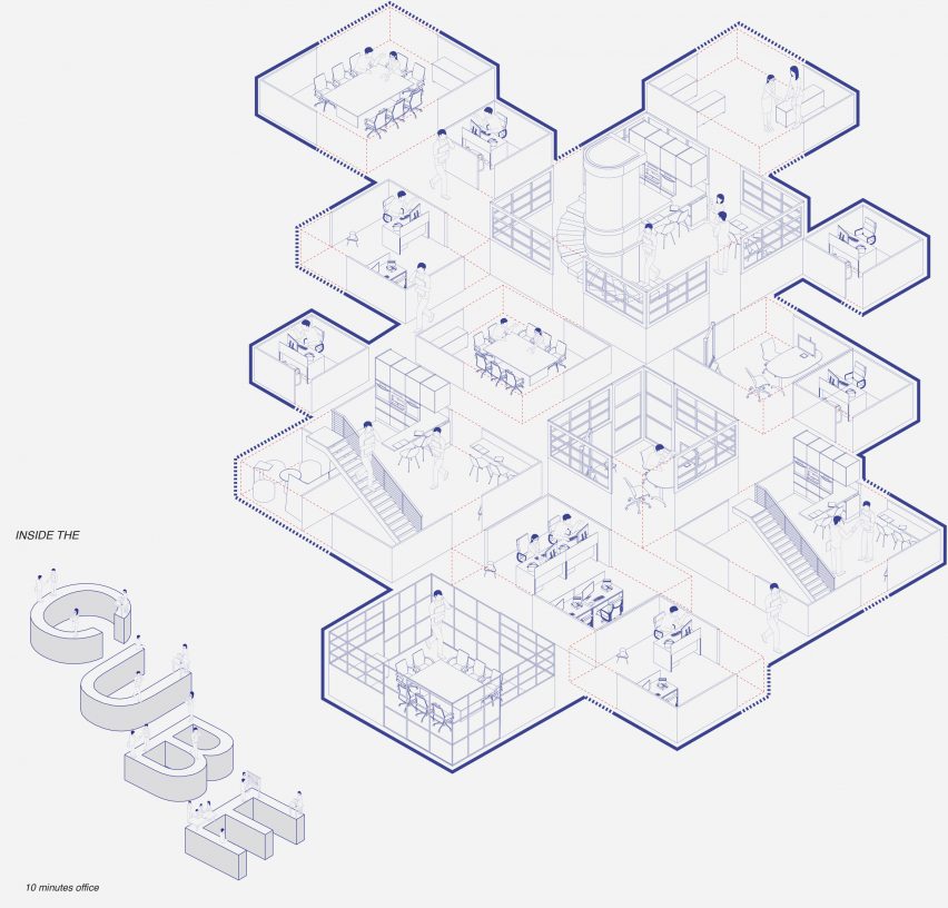 A three dimensional architectural floorplan in tones of blue and white.