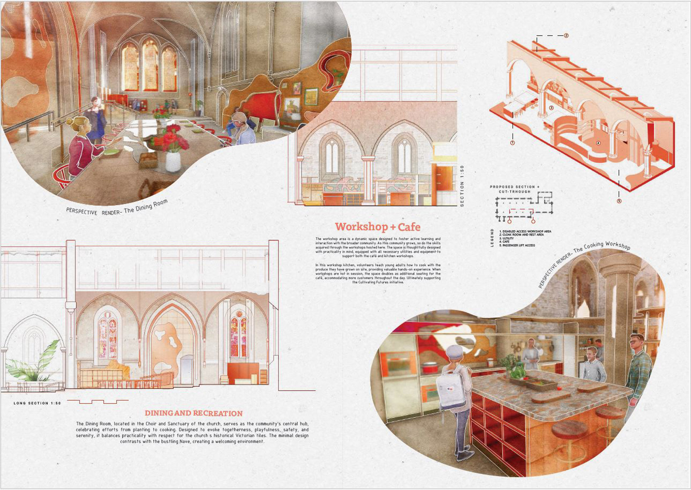 An image displaying various architectural and interior elements of a site, in tones of orange, against a white backdrop. There is orange and black text around the image also.