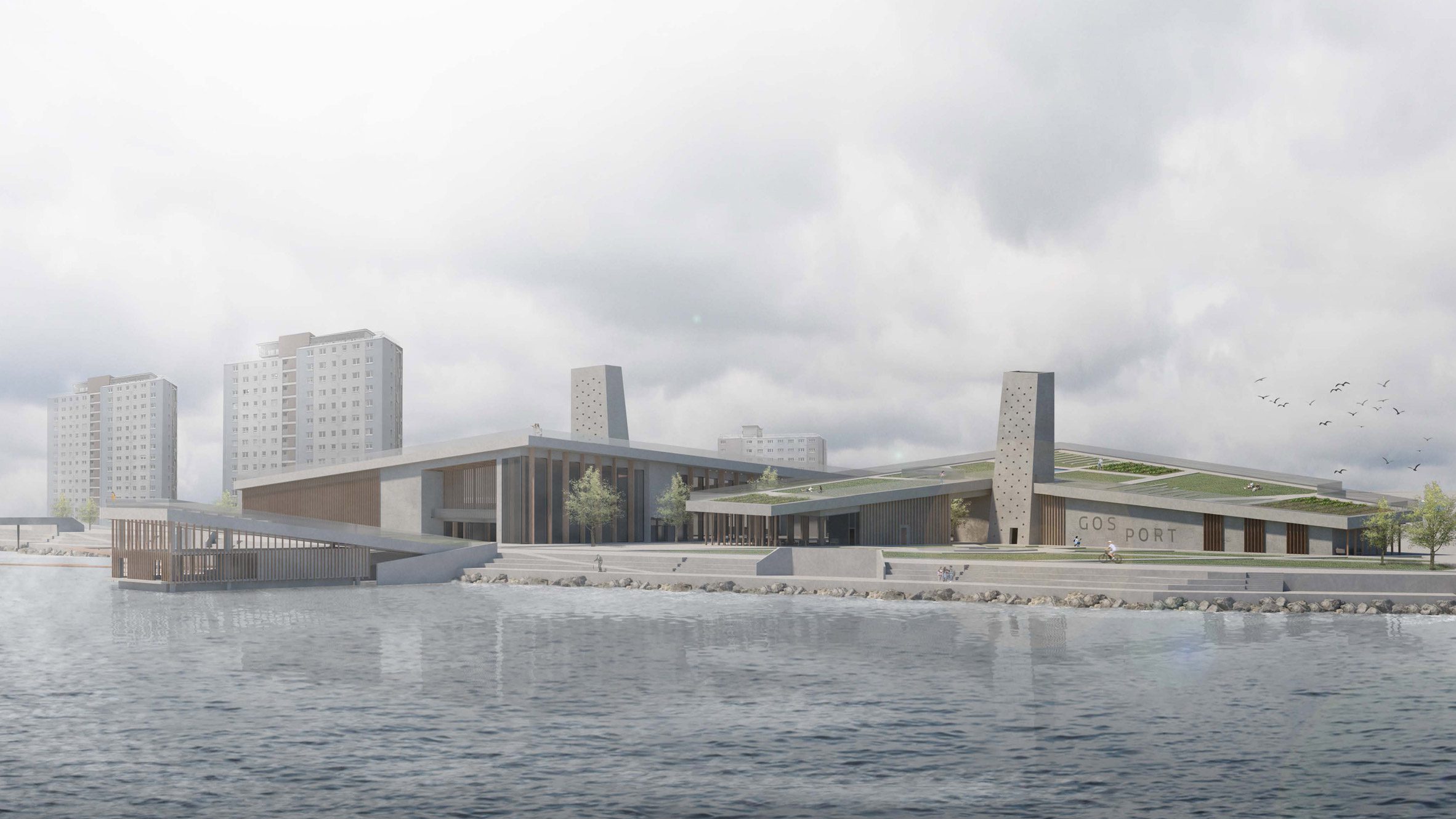 Visualisation of a building above blue water, in tones of grey, brown and green, with a grey sky above.