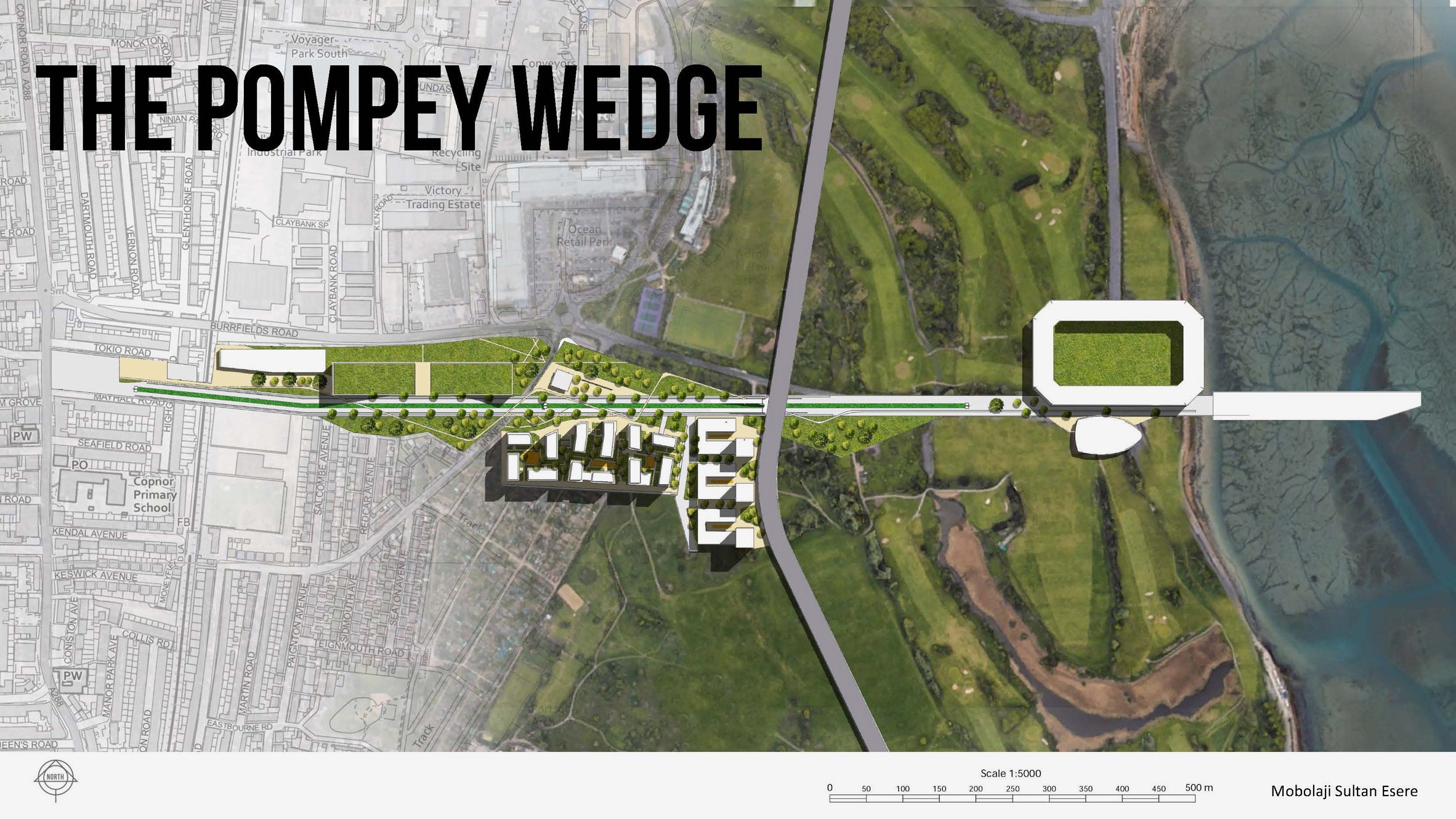 A birds eye view image of land, split into two halves, one displaying it as a line drawing map and another a photograph. There is a large white building which appears over the image, and black text reading the words 'The Pompey Wedge'.