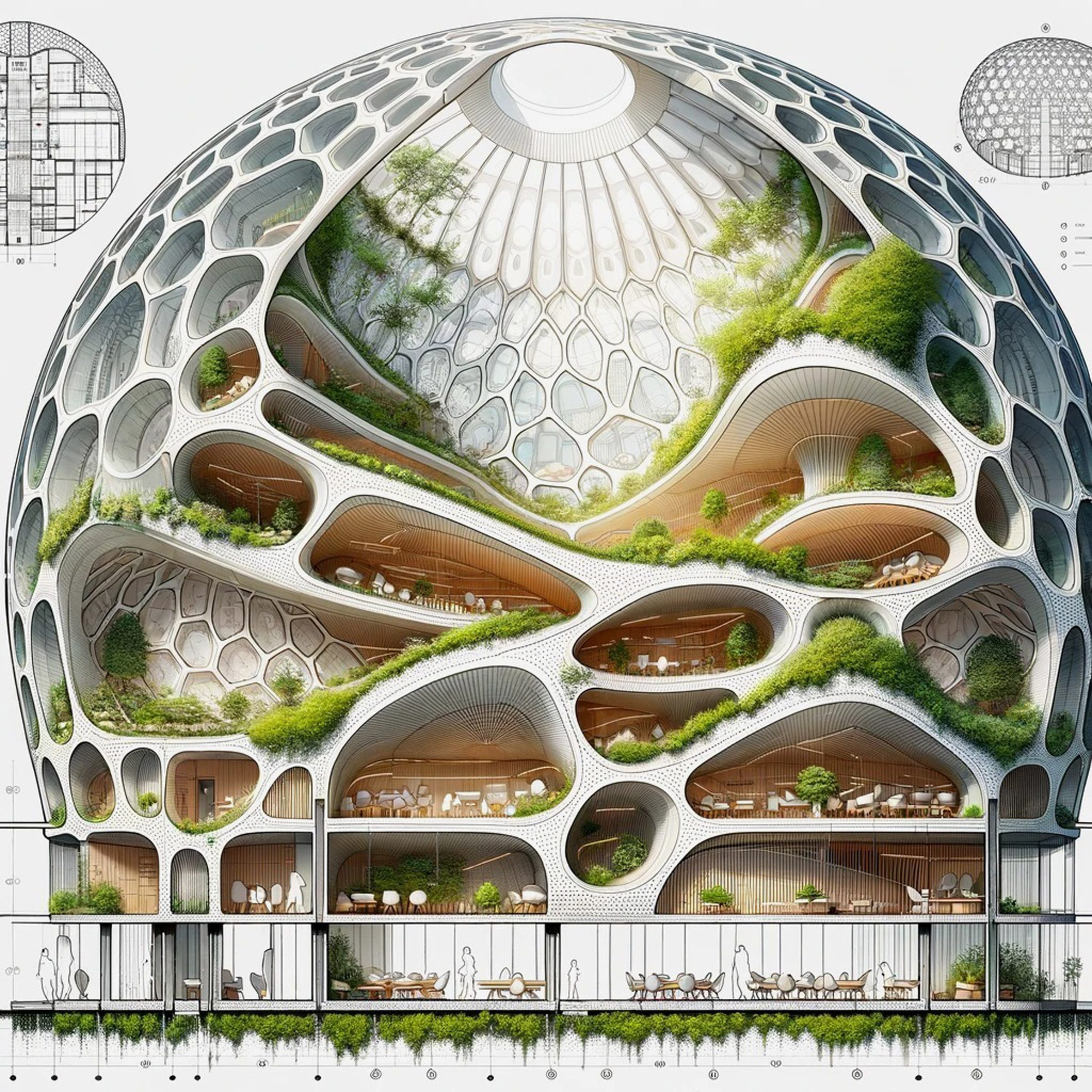 A visualisation of a circular building and its interiors, in tones of white and brown, with green plants throughout.