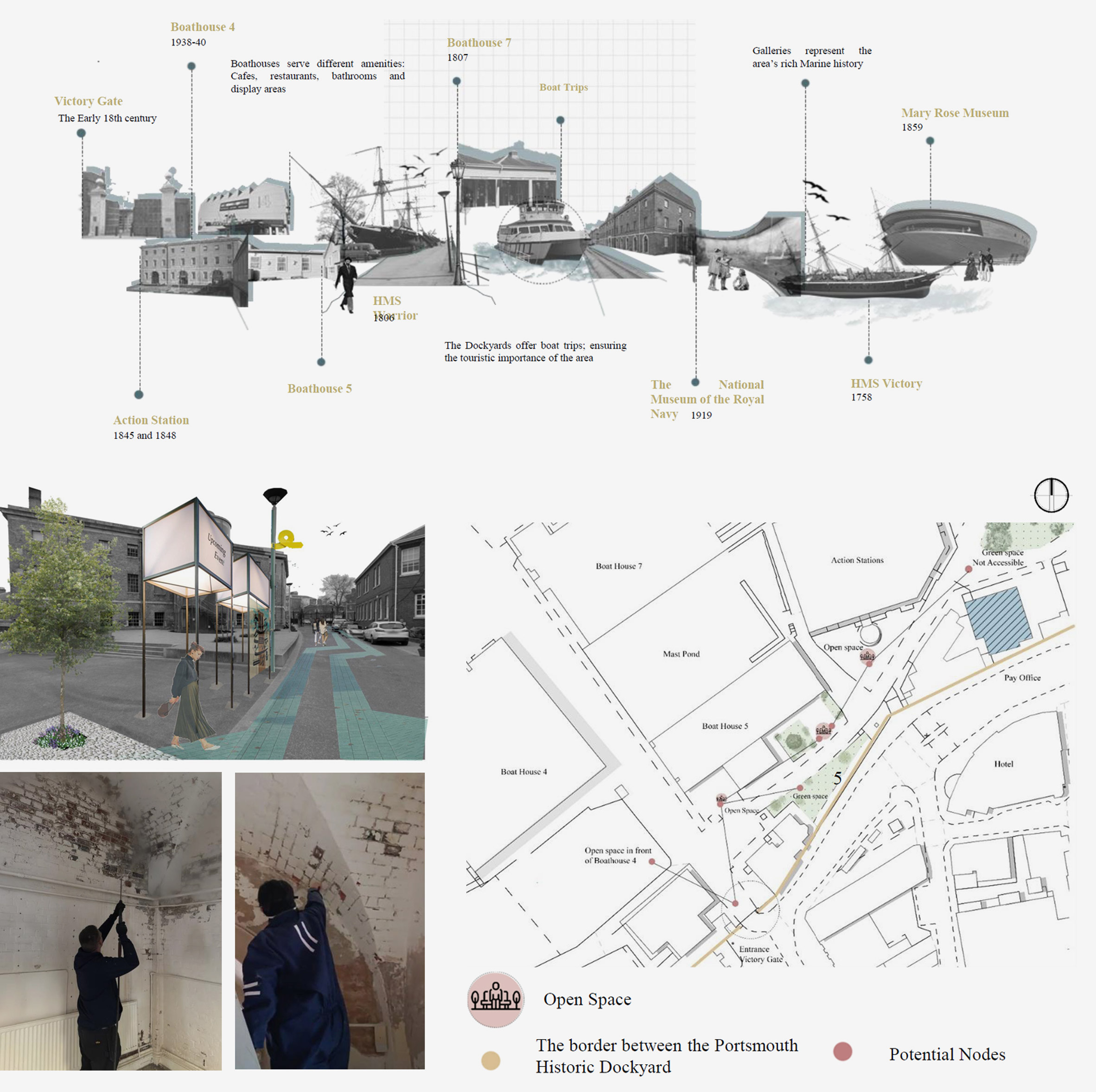 An image displaying various components of a building plan, including a labelled visualisation in tones of grey, visualisations of a street in tones of grey and map in black and white.