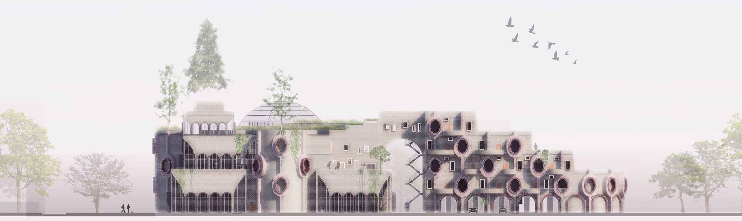 A visualisation of a building in tones of brown and grey, against a grey backdrop with green trees surrounding it.