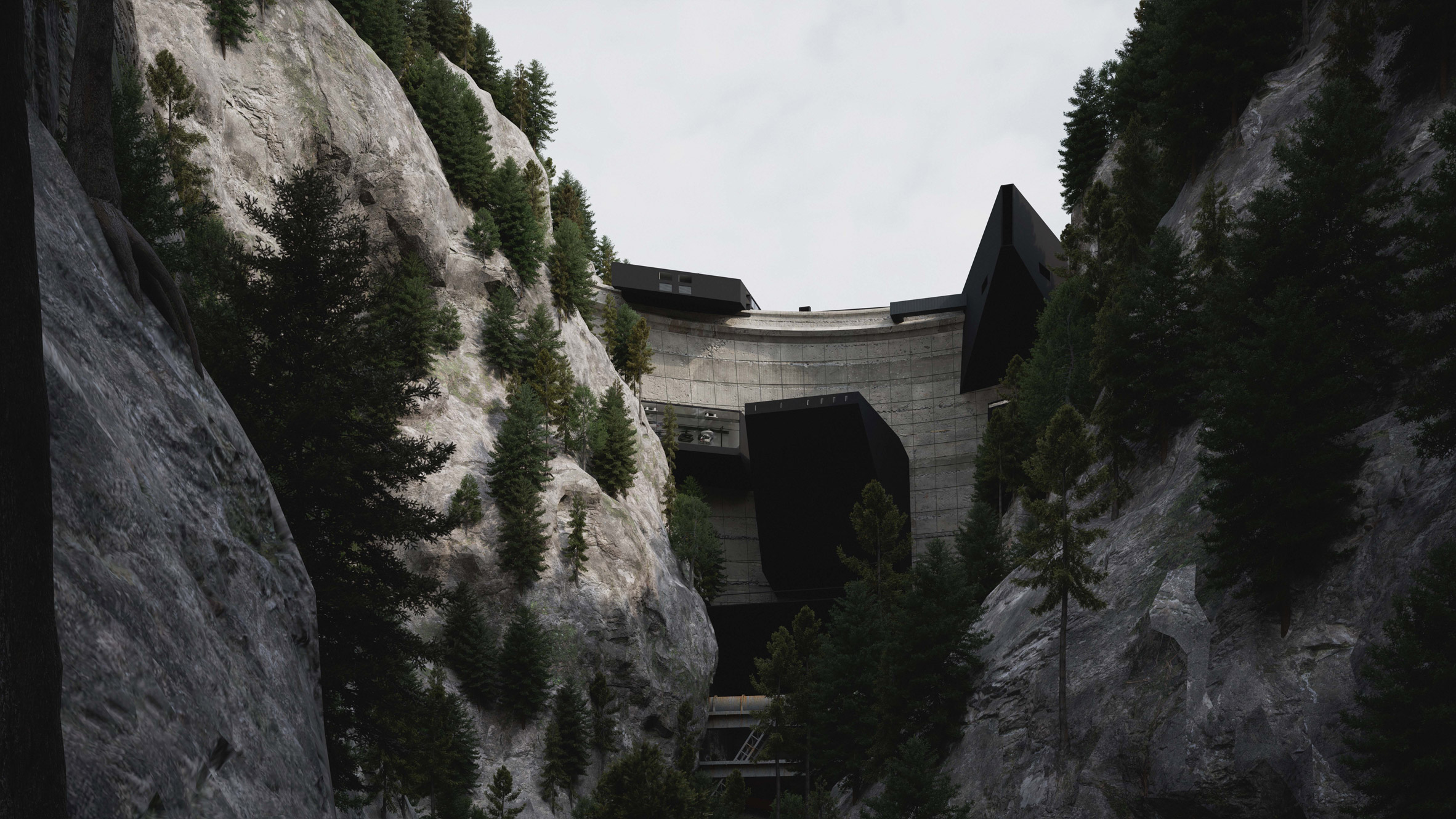 A visualisation of a building among cliffs and green trees, in tones of grey.