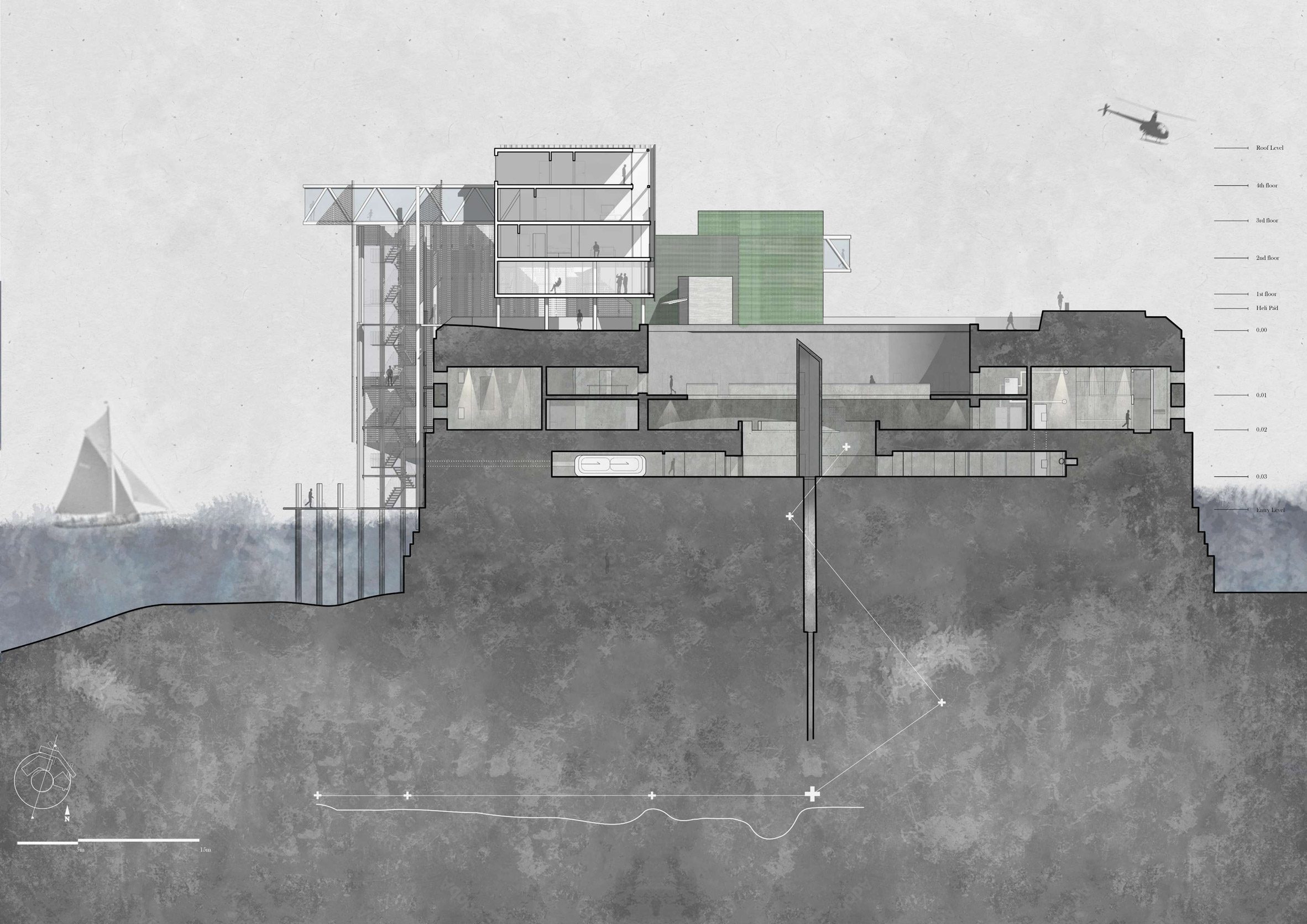 A visualisation of a building in tones of grey and green, against a blue and white backdrop.