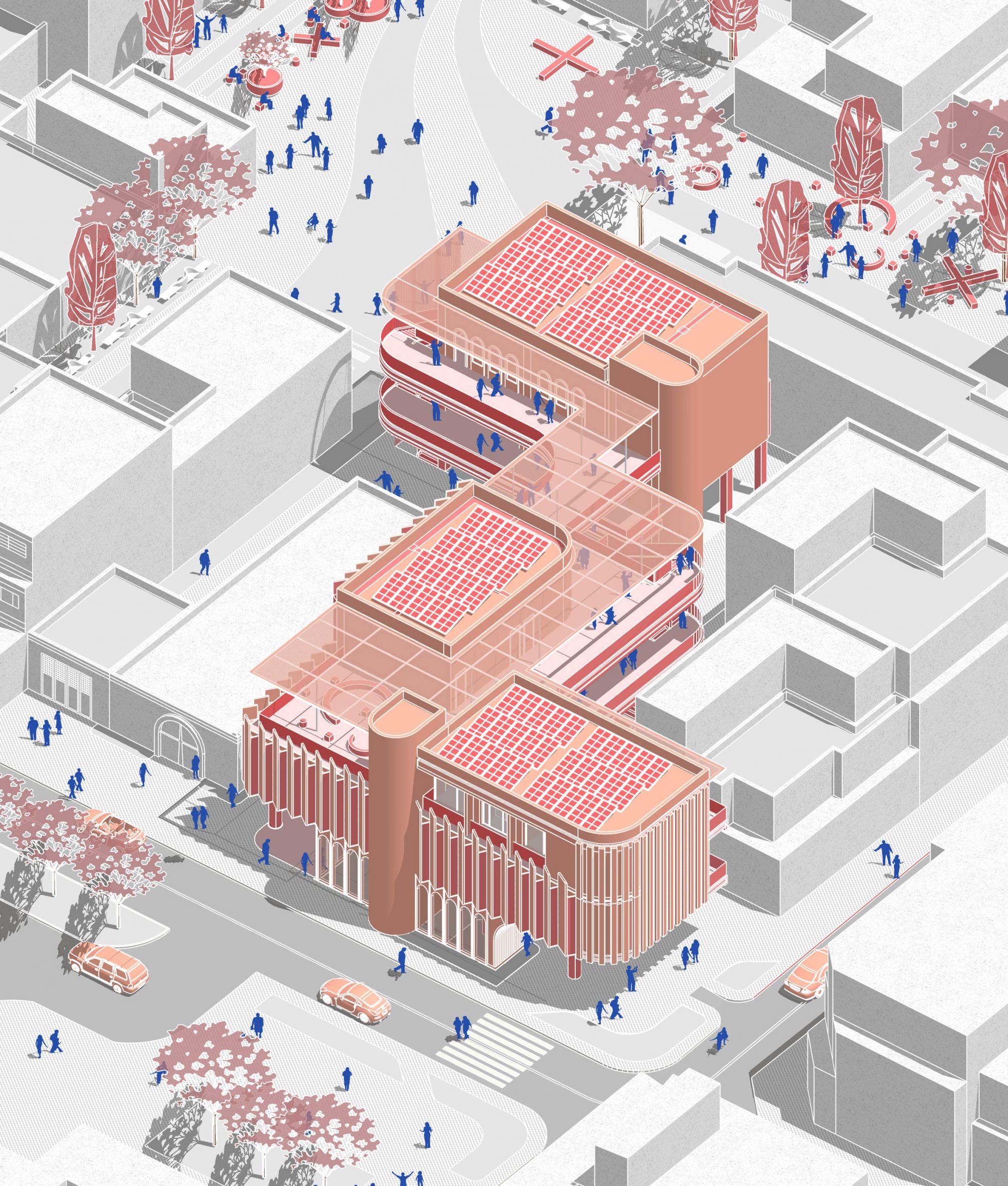 A diagram of a building in tones of pink and red, among grey surrounding buildings and blue figures.