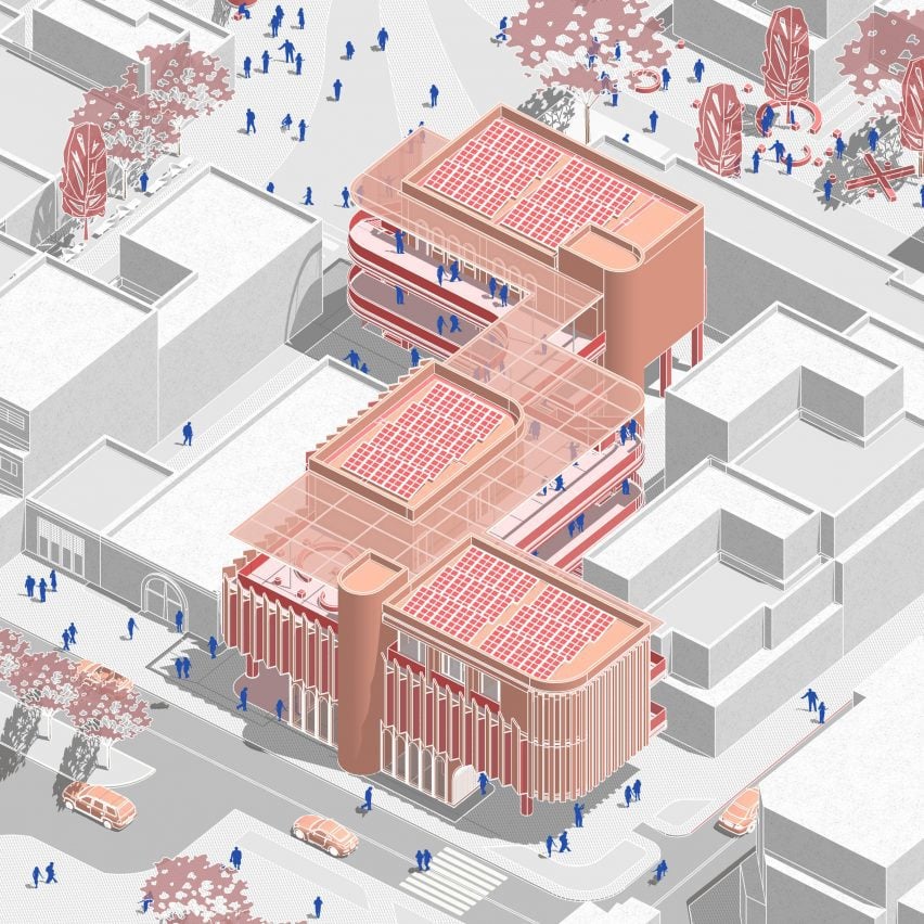 A diagram of a building in tones of pink and red, among grey surrounding buildings and blue figures.