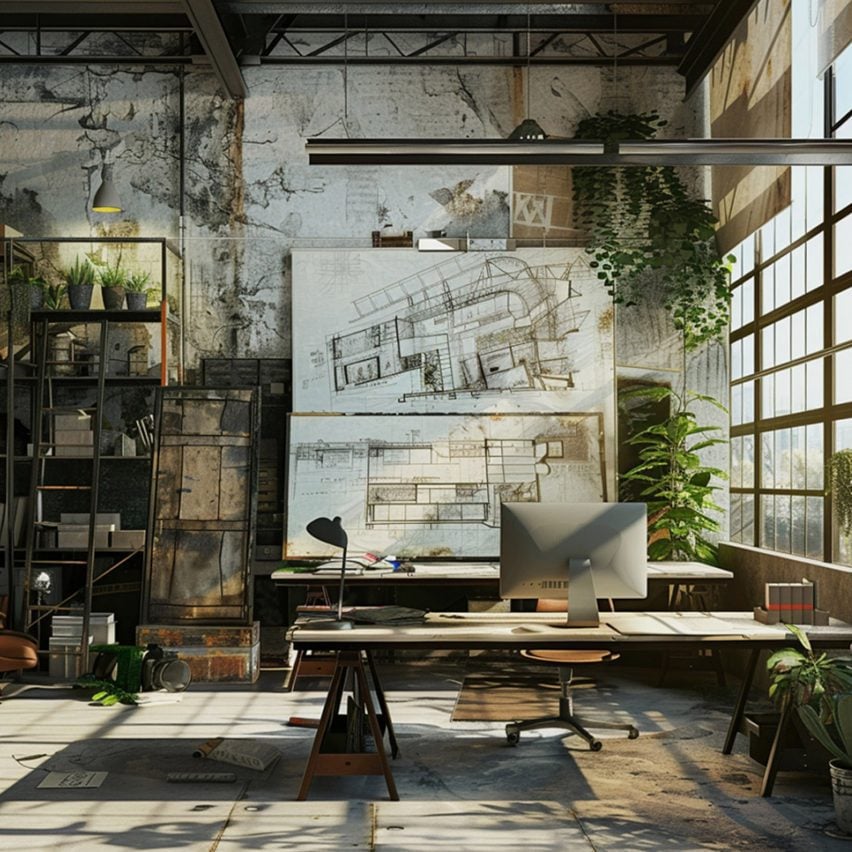 Visualisation of an interior office space, in tones of brown and grey.